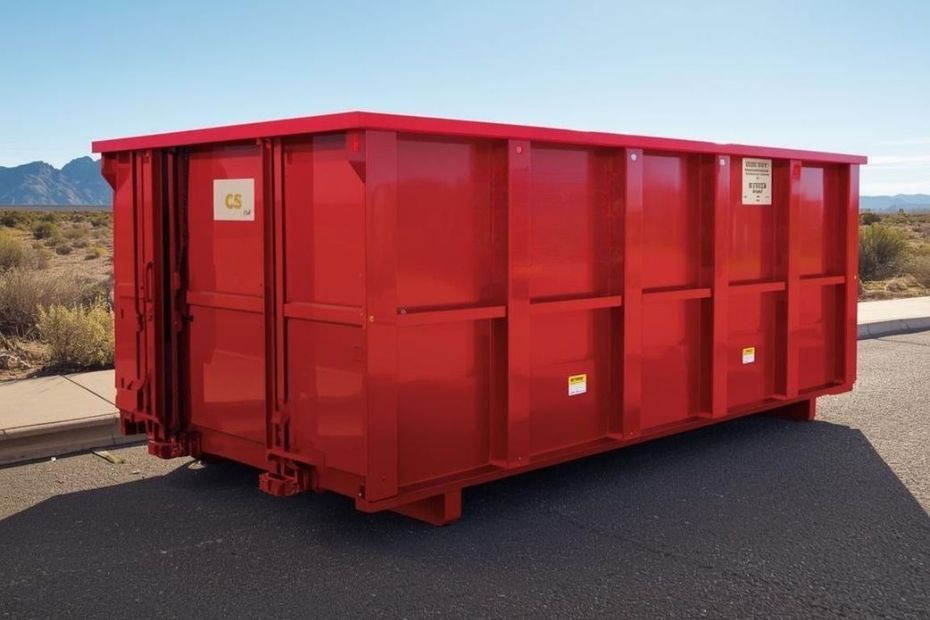 Bright red roll off dumpster set on a clean street in Surprise, AZ, ready for construction debris, remodel waste, or a large residential cleanup project.