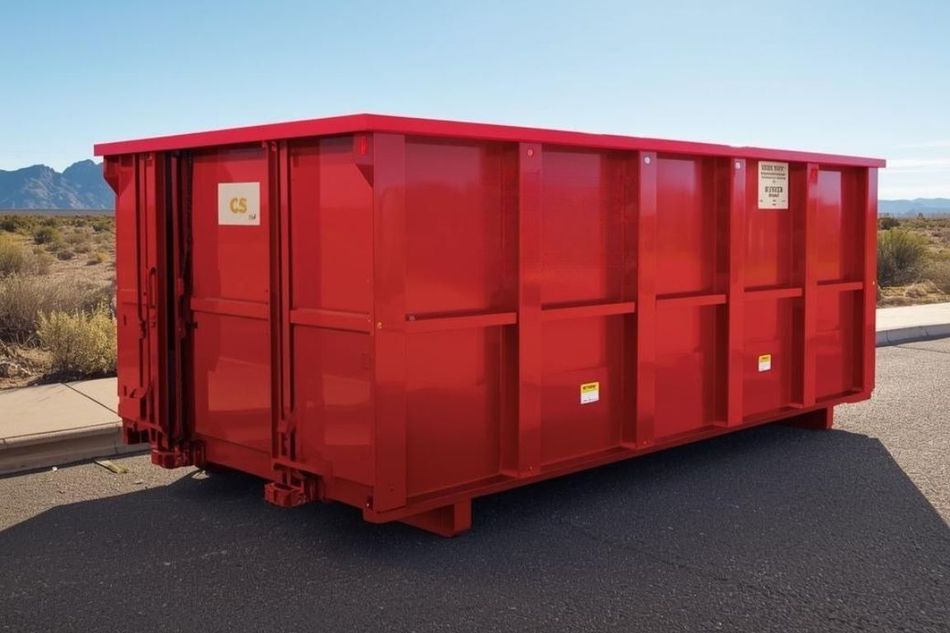 Bright red roll off dumpster set on a clean street in Surprise, AZ, ready for construction debris, remodel waste, or a large residential cleanup project.
