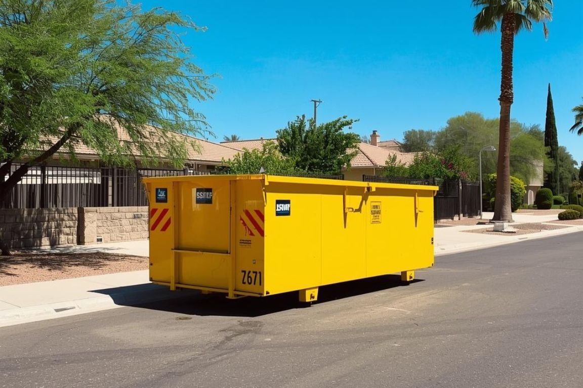 Large yellow roll off dumpster placed on a clean residential street in Surprise, AZ, ready for yard waste, home renovation debris, or a full property cleanup project.
