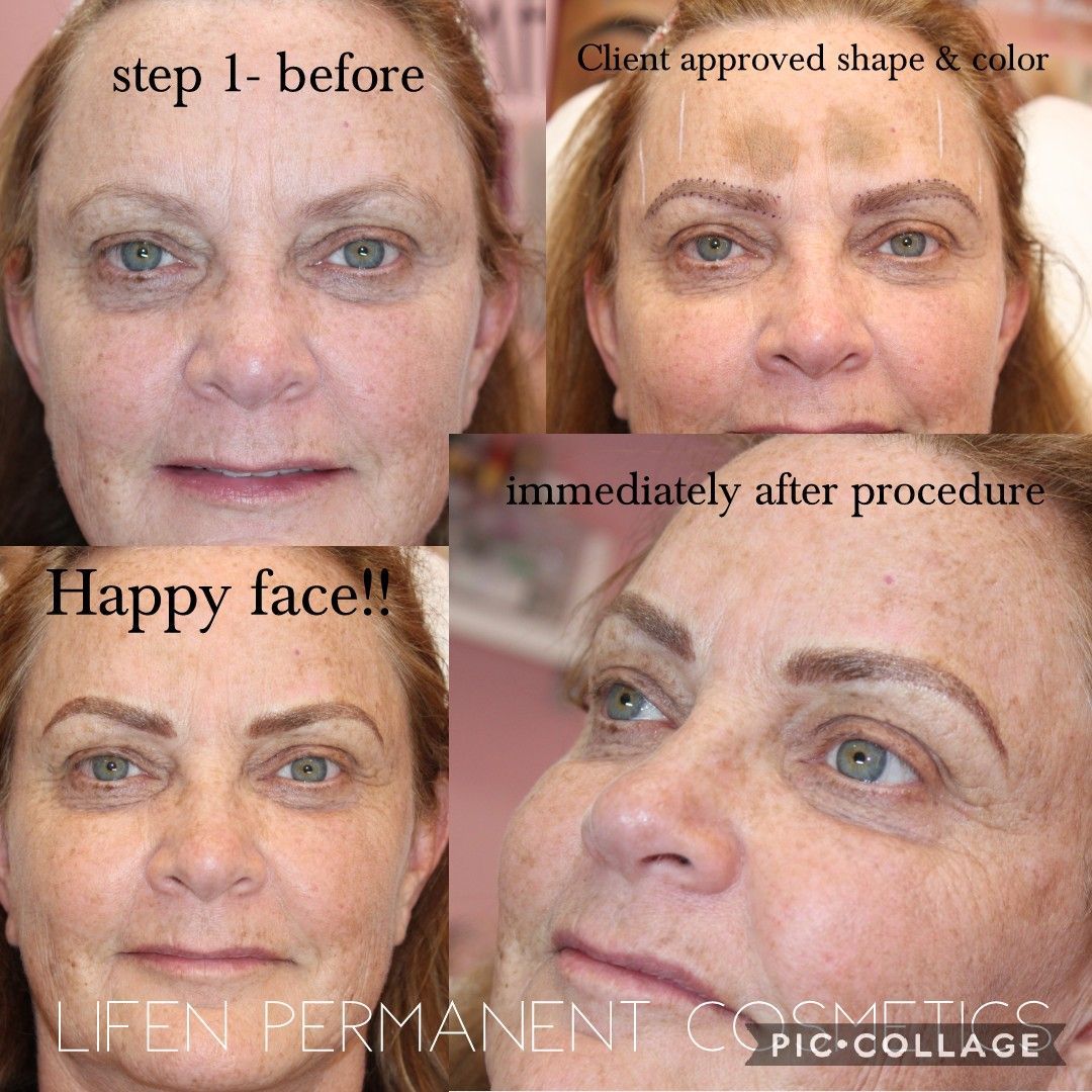 A woman 's face before and after getting permanent eyebrows