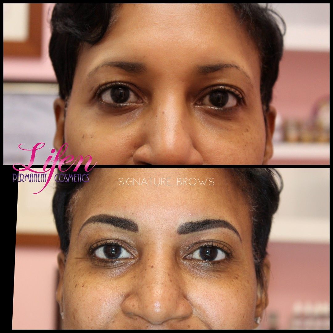 A before and after photo of a woman 's eyebrows