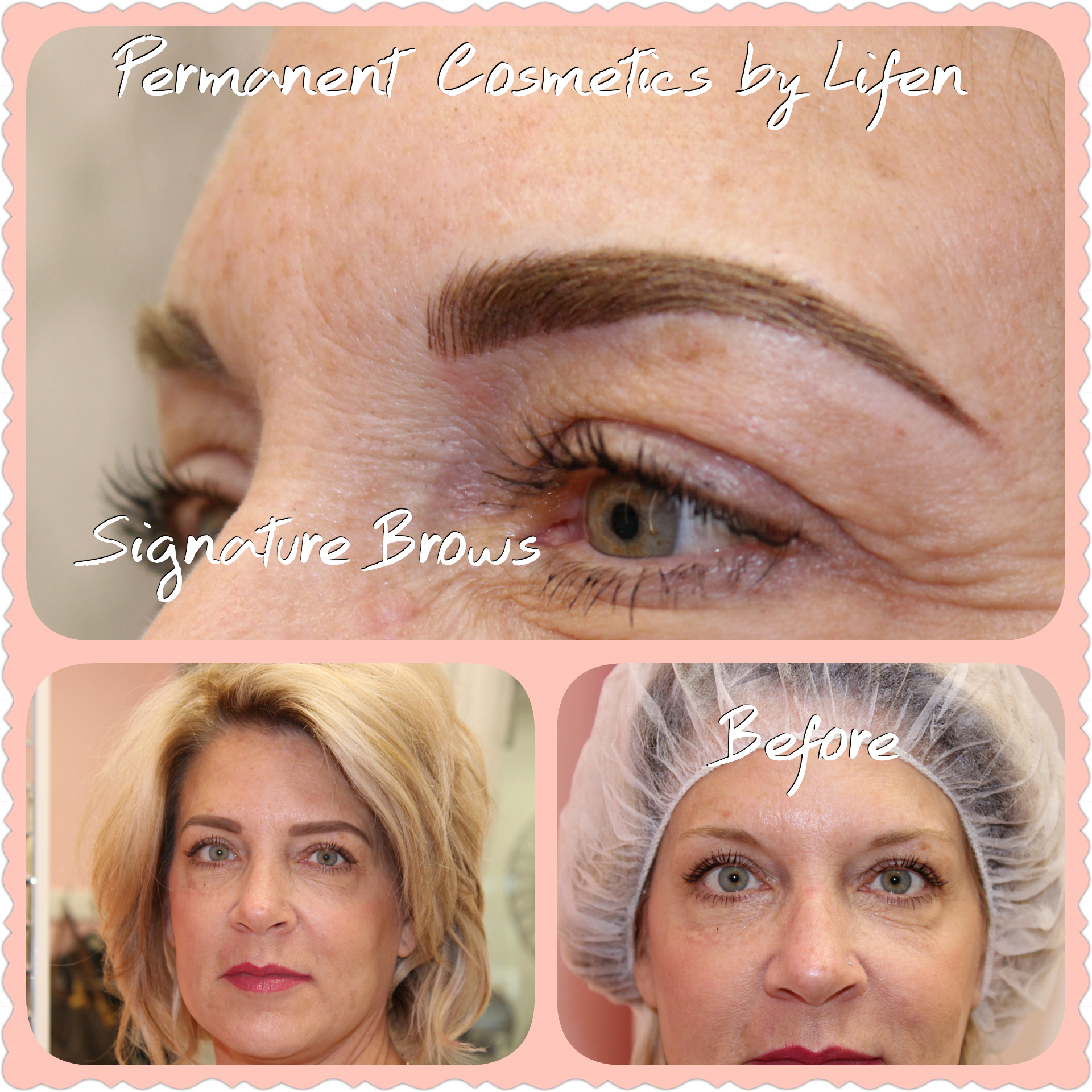 A before and after photo of a woman 's signature brows