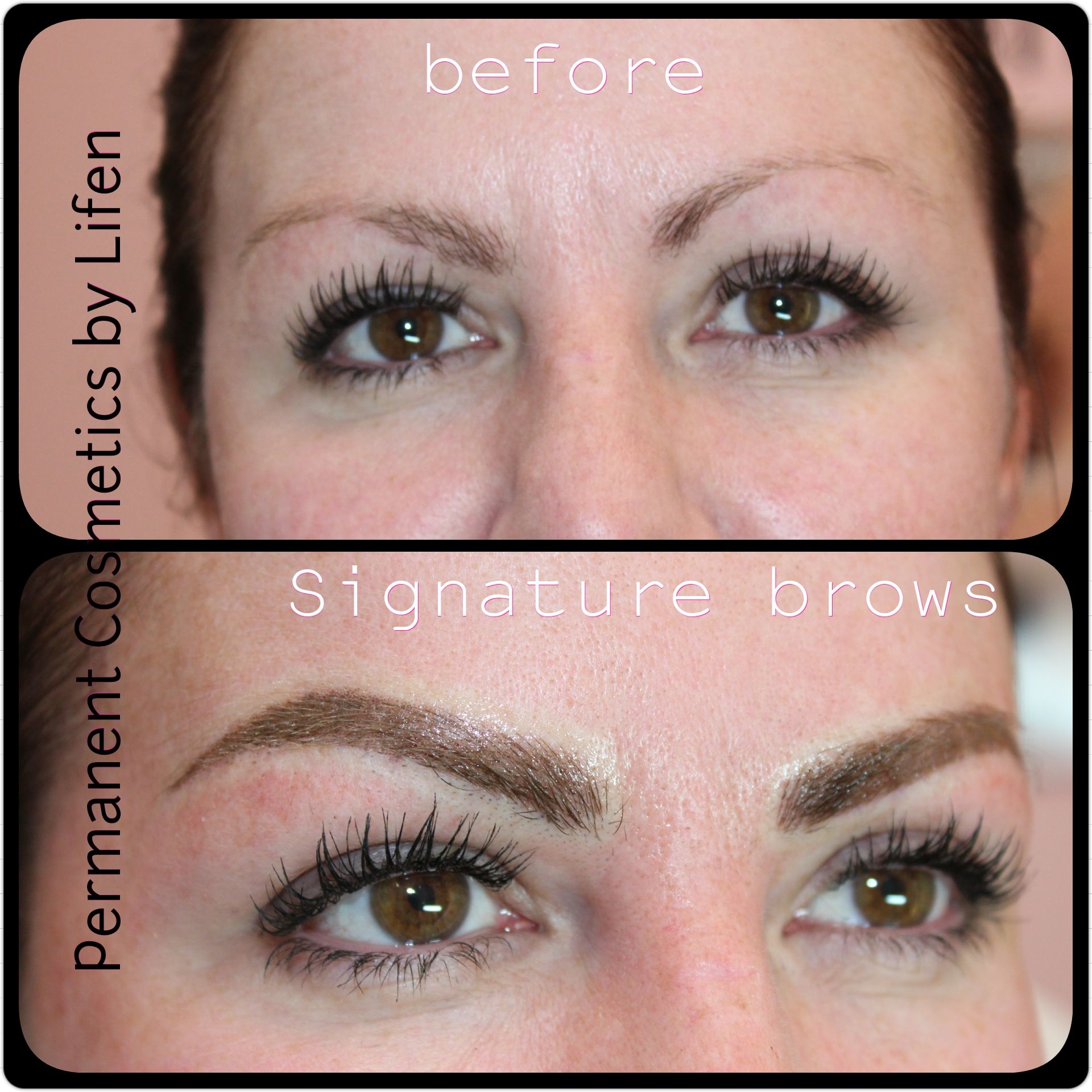 A woman 's eyebrows before and after permanent cosmetics by lifen