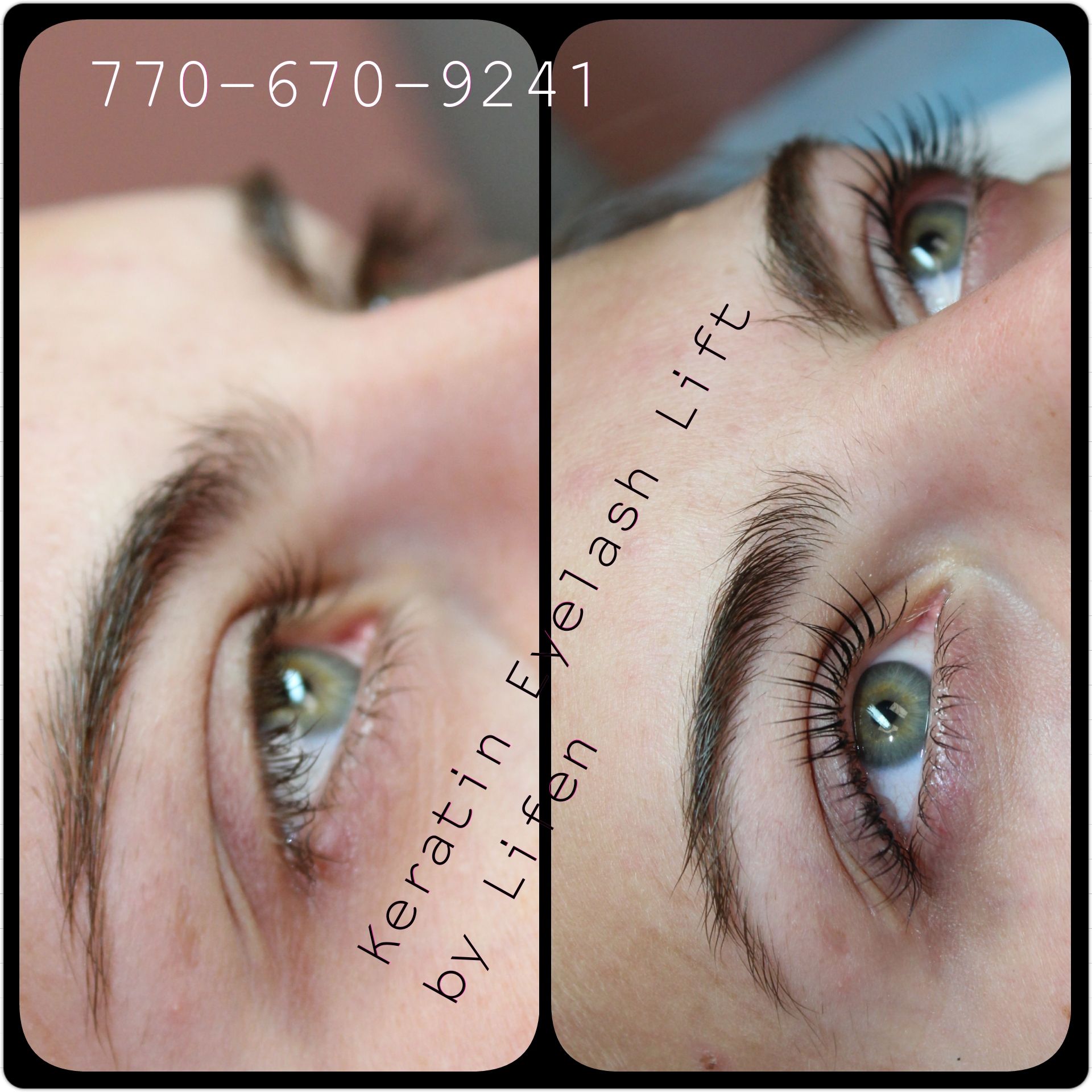 A before and after photo of a woman 's eyelash lift