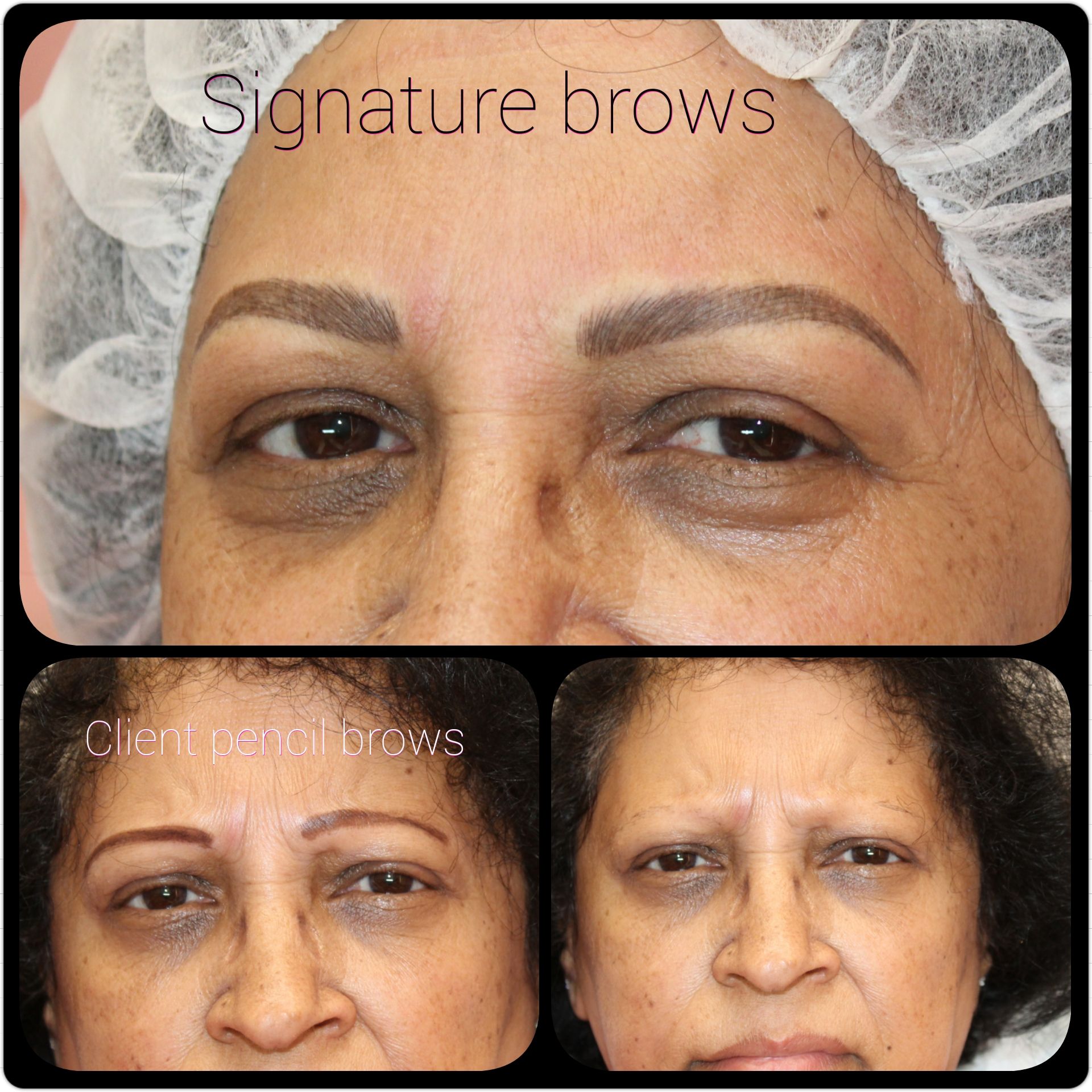 A before and after photo of a woman with signature brows