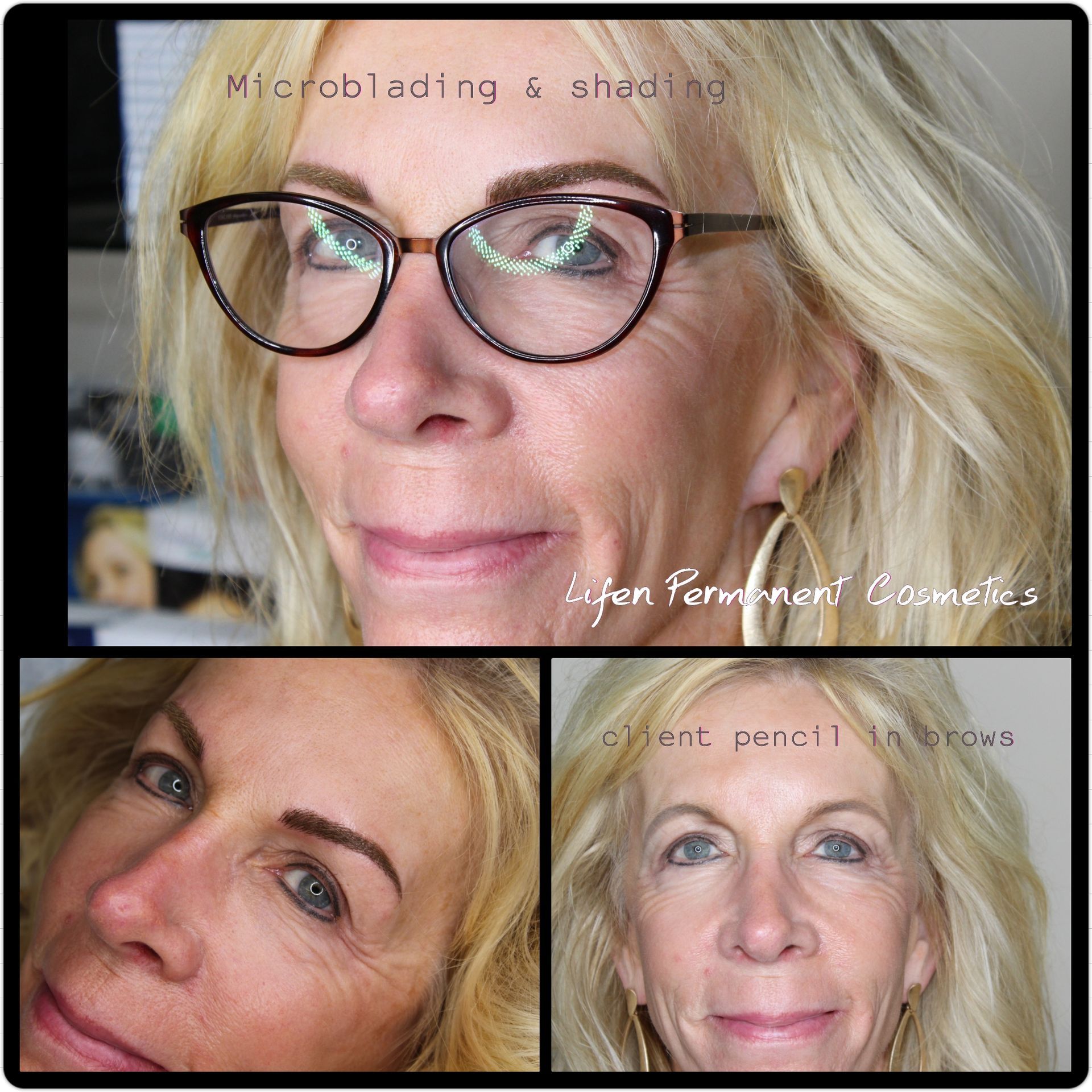 A woman with glasses has microblading on her eyebrows