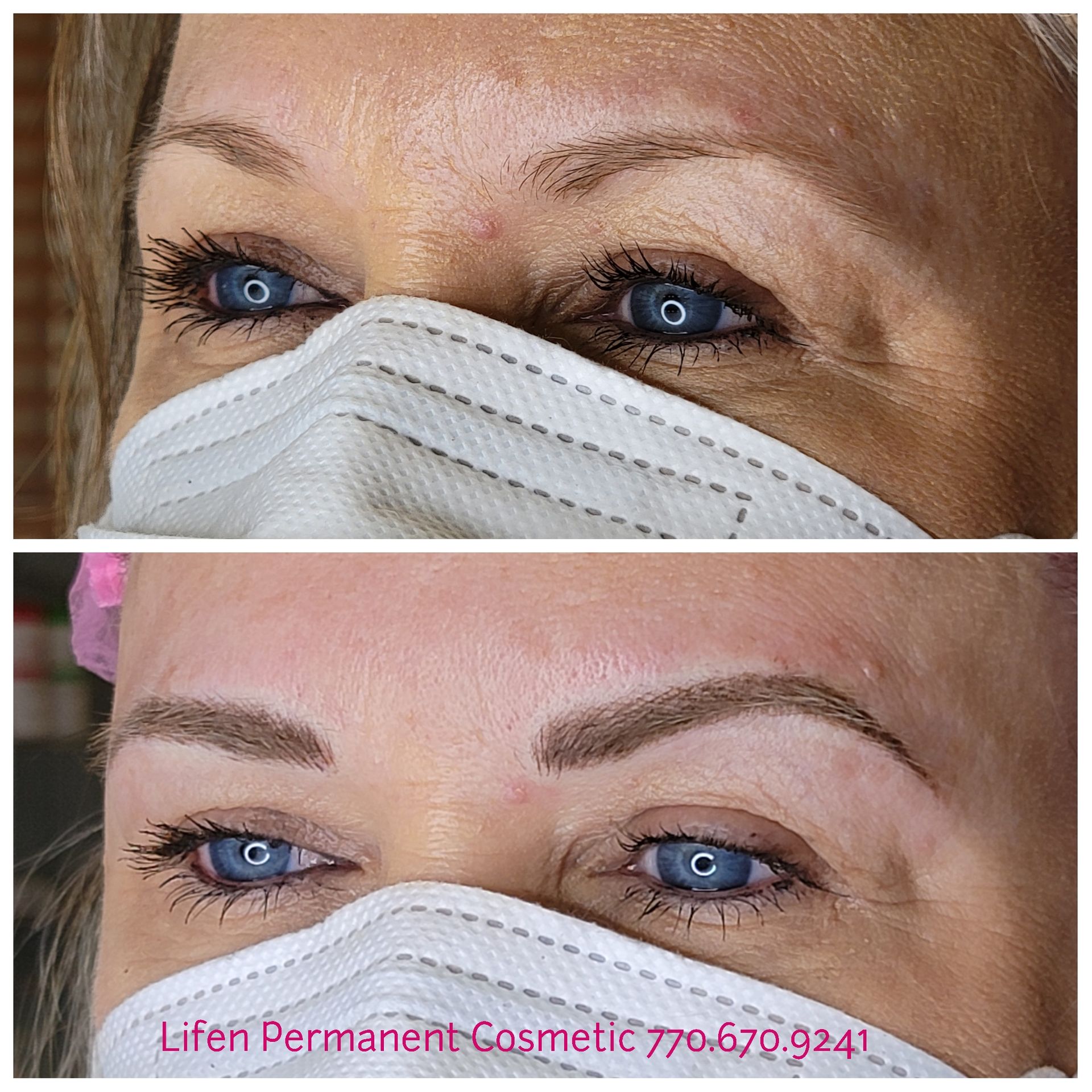 A before and after photo of a woman with a mask on her face.