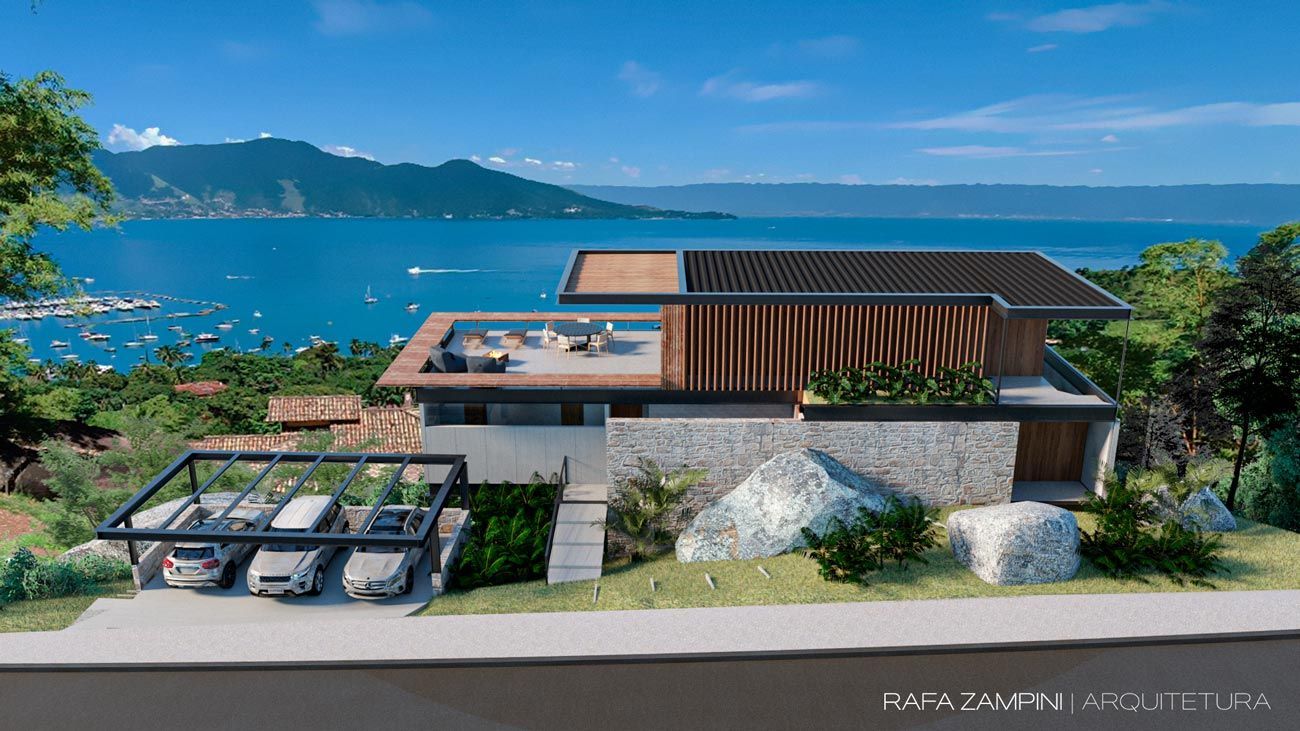 Casa moderna branca com piscina, guarda-corpo de vidro e deck de madeira.