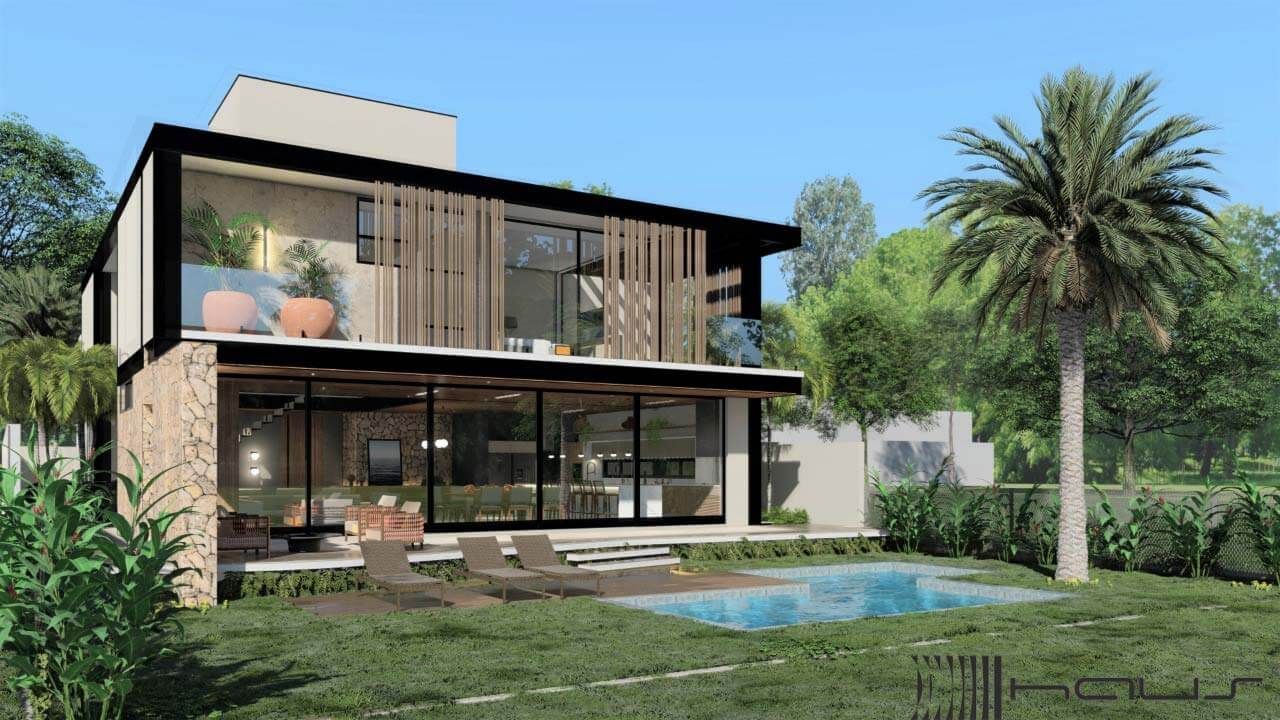 Casa moderna branca com piscina e deck de madeira. Céu azul, grama verde.