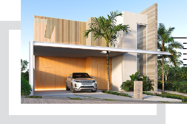 Casa moderna com garagem coberta, fachada em madeira clara e branca, palmeiras.