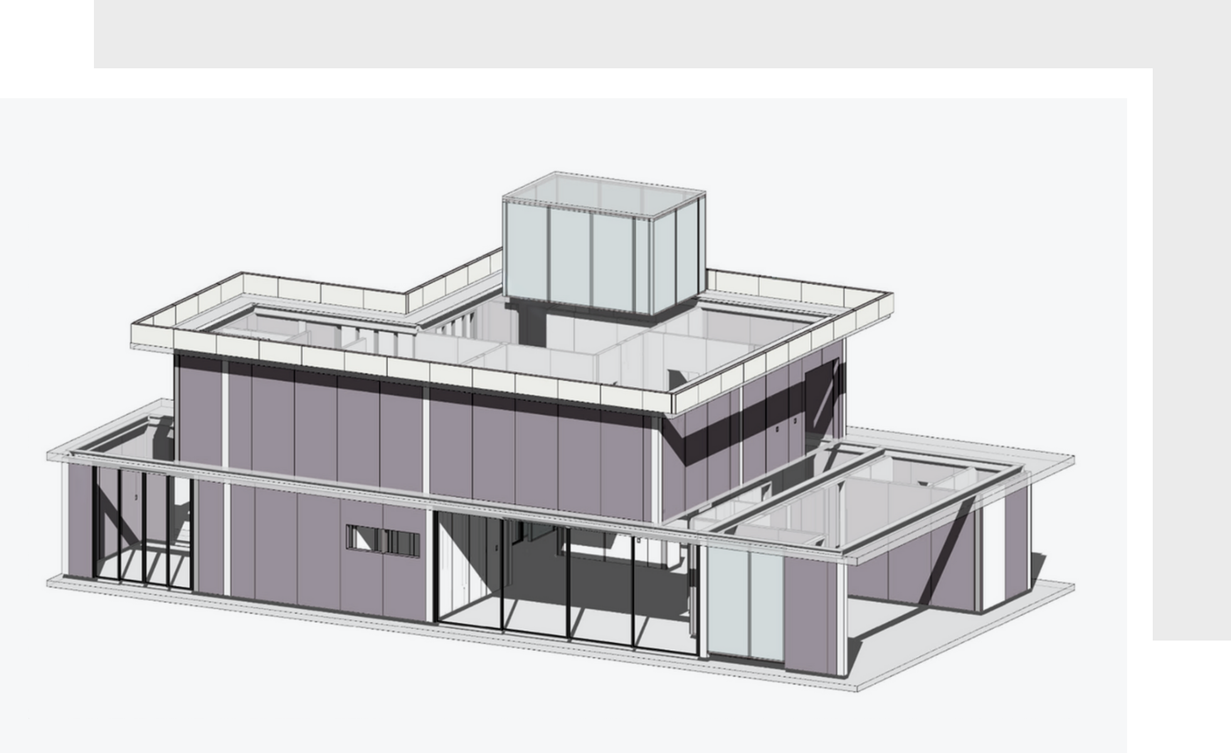 Representação arquitetônica de um edifício moderno de vários andares com cobertura plana e elementos de vidro. Esquema de cores em tons de cinza e branco.