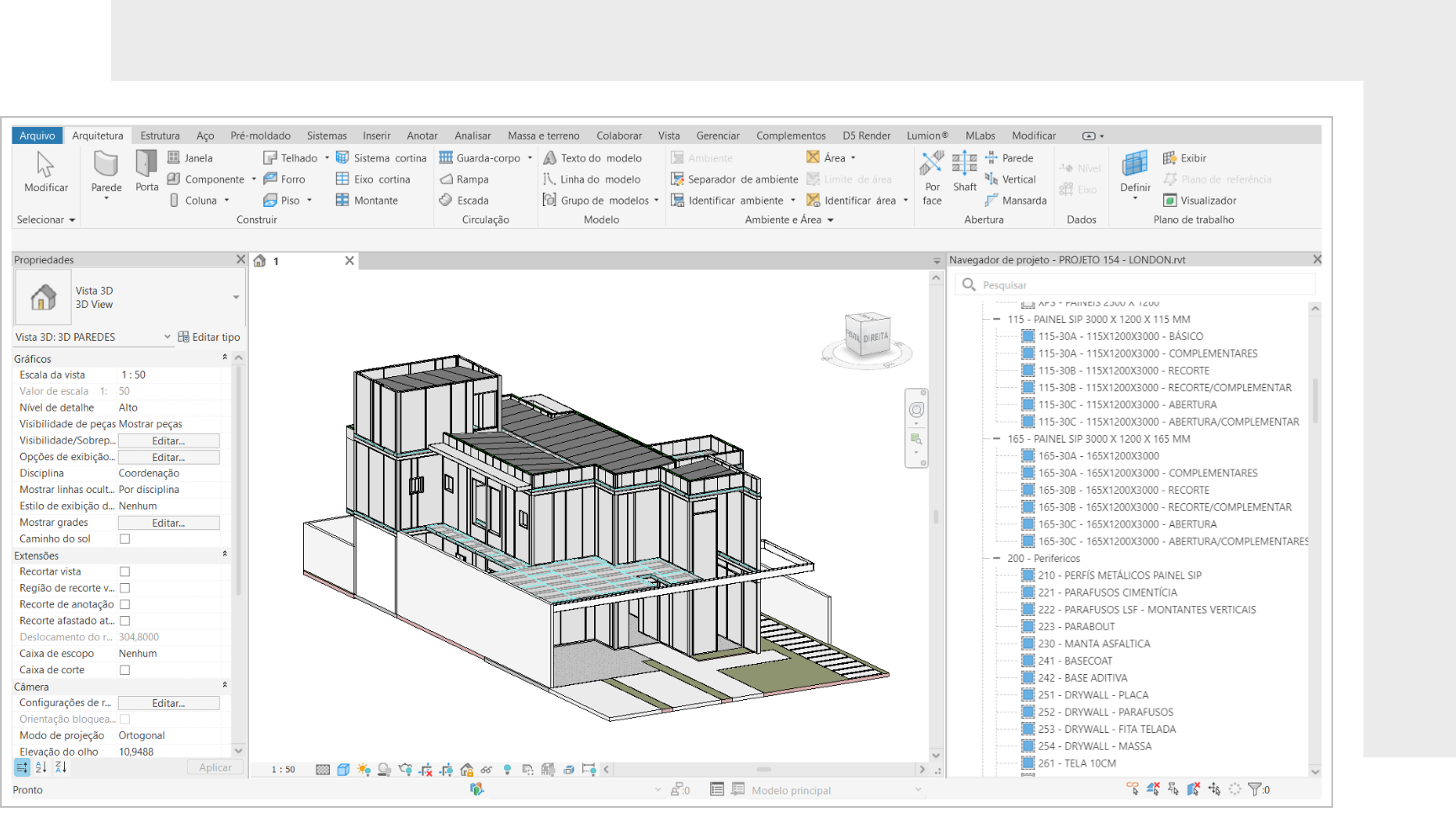 Captura de tela de um modelo arquitetônico 3D em cinza e branco exibido em uma interface de software. O edifício possui 2 níveis.