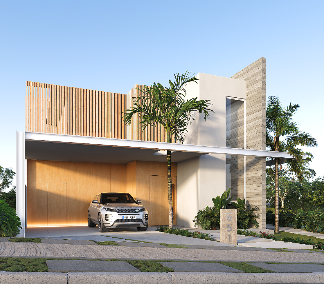 Exterior de casa moderna com carro estacionado sob uma garagem coberta. Fachada de madeira e tijolo com paisagismo.