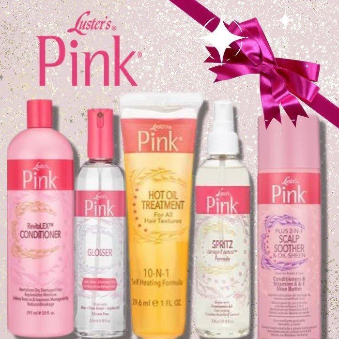 A collection of Luster's Pink hair care products, including conditioner, oil treatment, and scalp soother, with a pink ribbon.