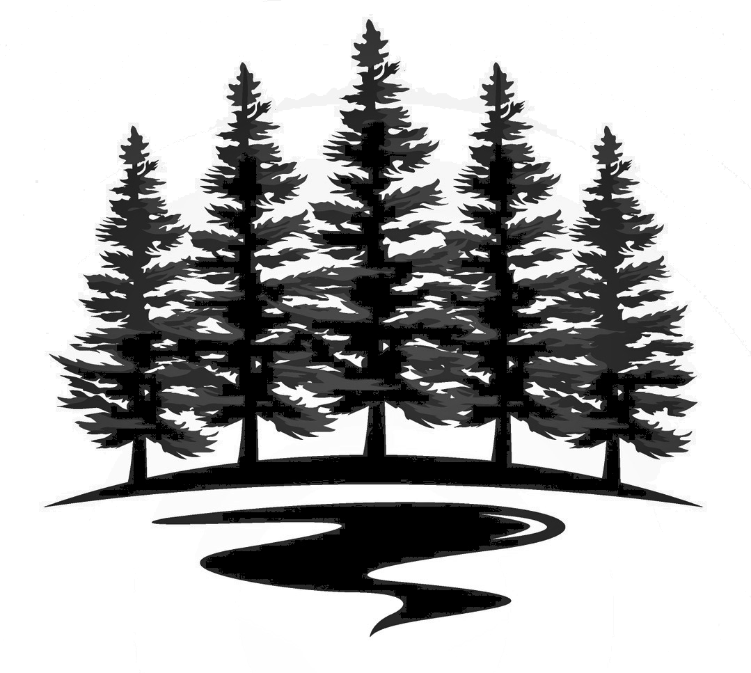 A black and white silhouette of a forest with trees and a river.