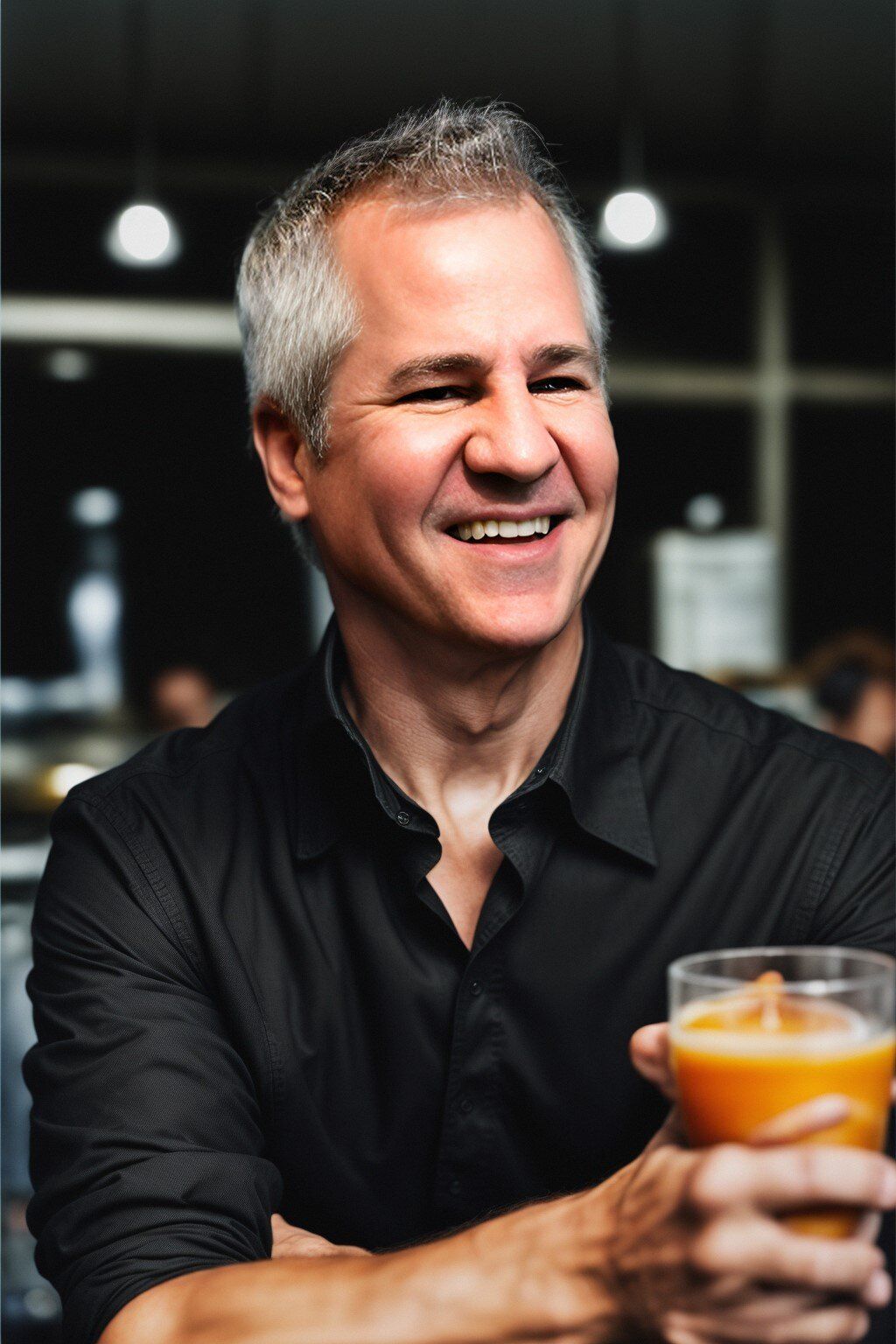 A man in a black shirt is holding a glass of orange juice.