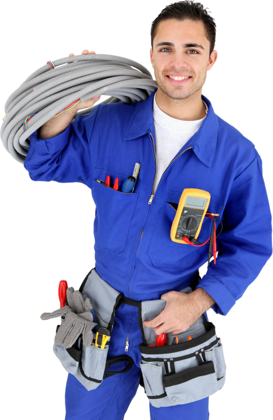 a man in a blue uniform is holding a coil of wires