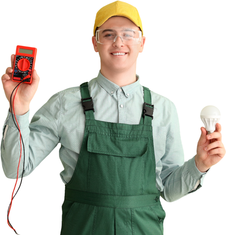 a man in green overalls is holding a light bulb and a multimeter