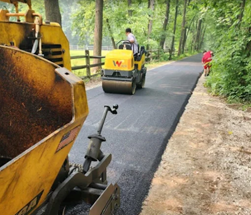 Workers use a steamroller to pave a new asphalt road on a path lined with trees and a wooden fence.