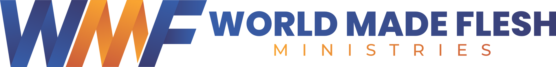 Logo for World Made Flesh Ministries, featuring intertwined blue, orange, and yellow letters