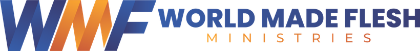 Logo for World Made Flesh Ministries, featuring intertwined blue, orange, and yellow letters