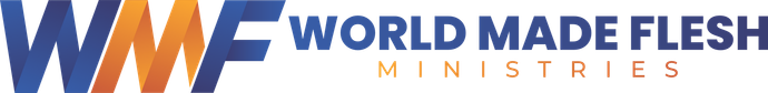 Logo for World Made Flesh Ministries: blue and orange 