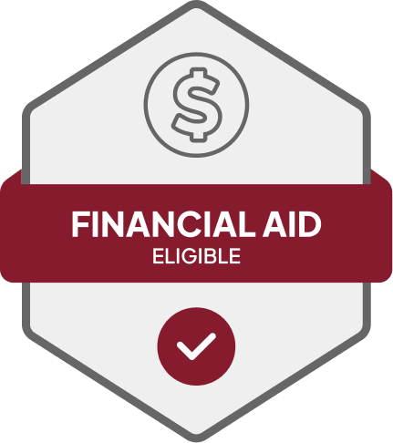 Badge: Financial Aid Eligible, blue banner, building icon, dollar sign.