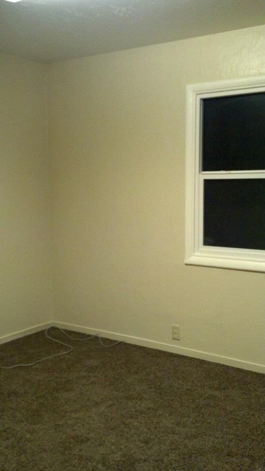 Empty room with beige walls, brown carpet, and a window with white trim.