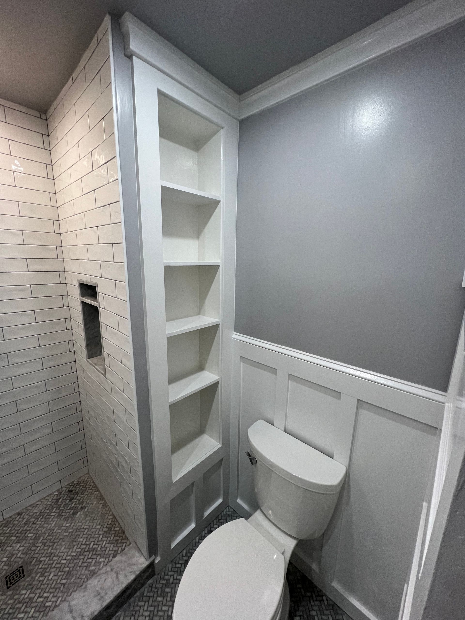 A bathroom with a toilet , shower and shelves