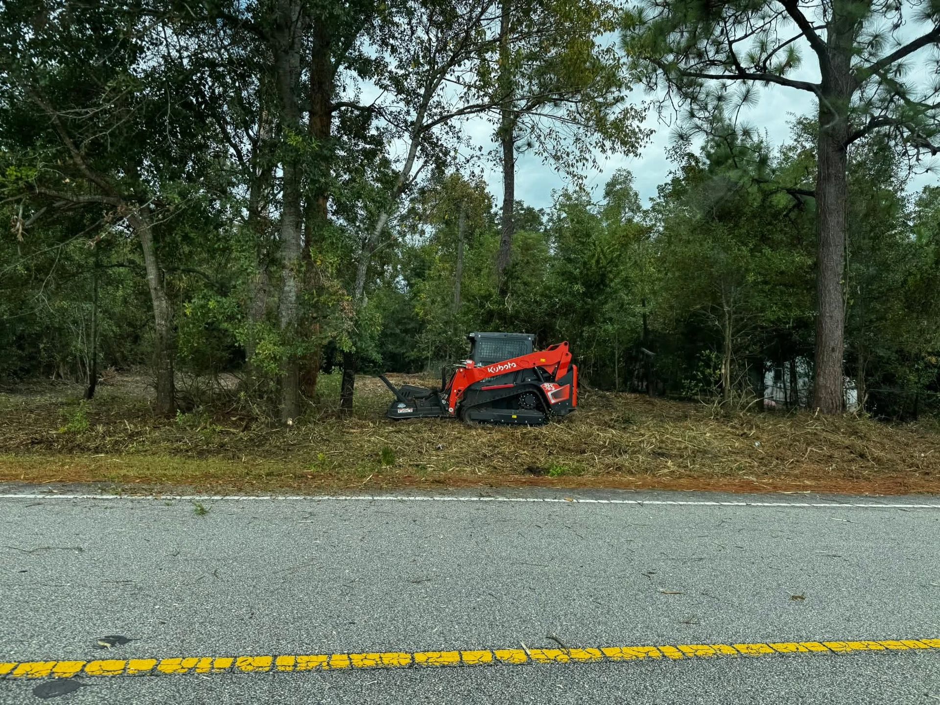 An orange skid-steer loader sits in a wooded area along the side of a paved road with a yellow centerline.