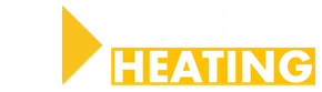 A yellow and white logo for heating with an arrow pointing to the right.