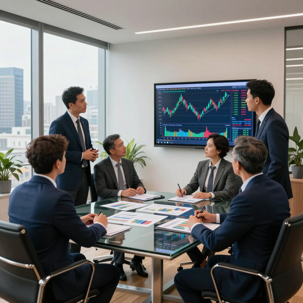 Business team meeting in a glass conference room, reviewing stock charts on a wall monitor.