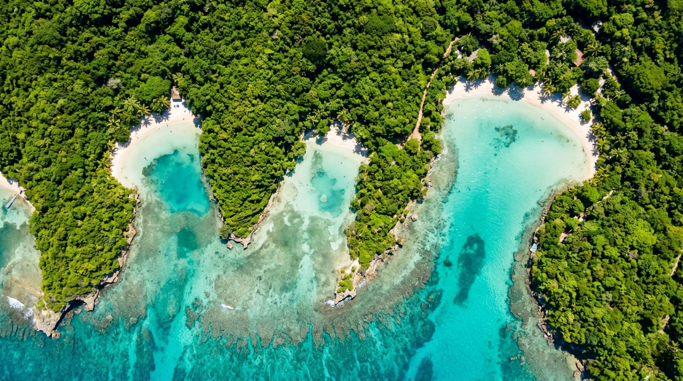 Aerial view of turquoise coves beside dense green tropical forest and rocky shoreline