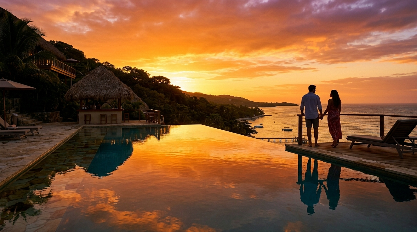 Silhouettes on a dock by an infinity pool at sunset, with orange sky reflected in the water