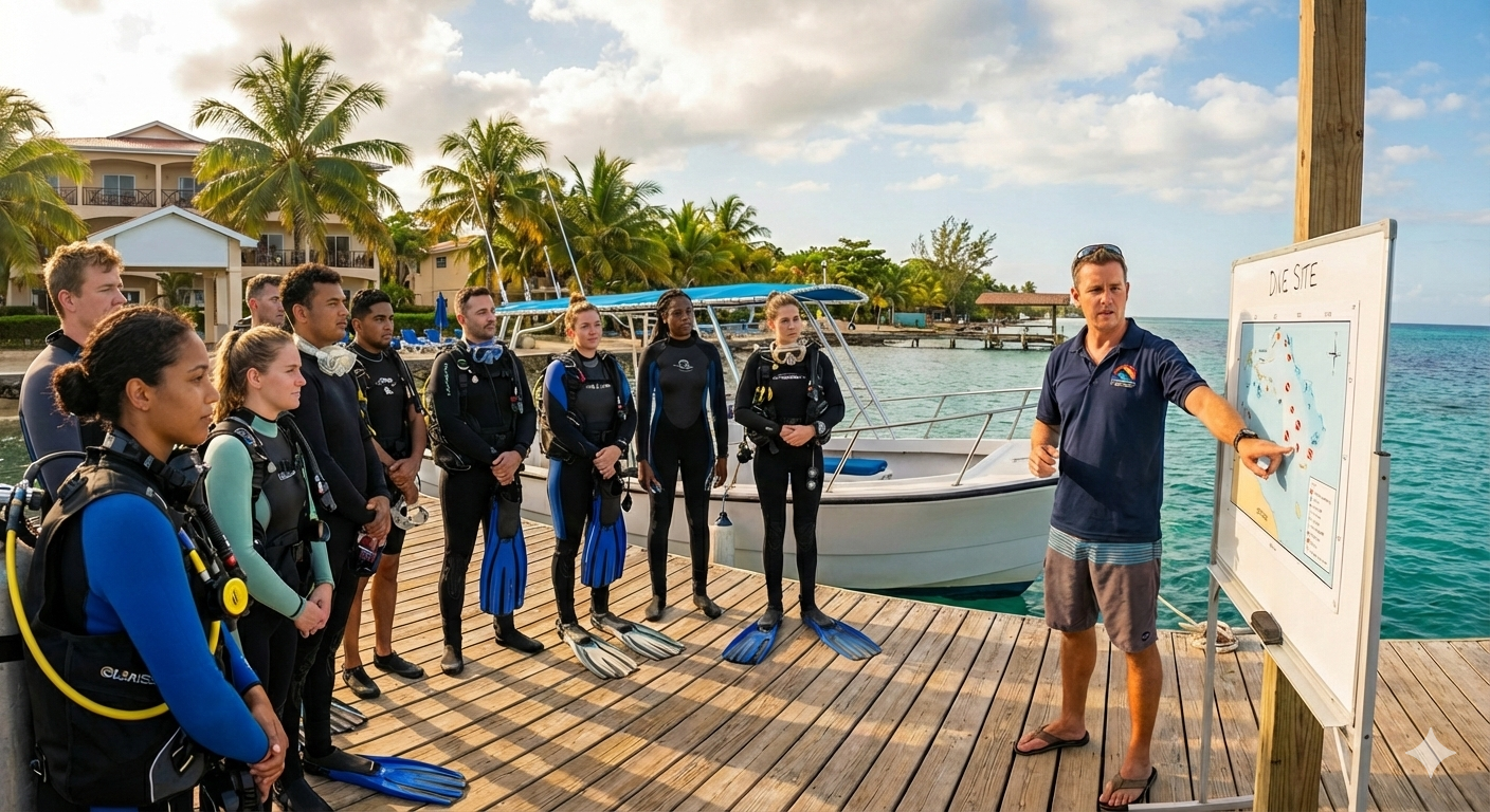 A group of scuba divers listens to instructions on a dock, pointing at a dive map, near the ocean.