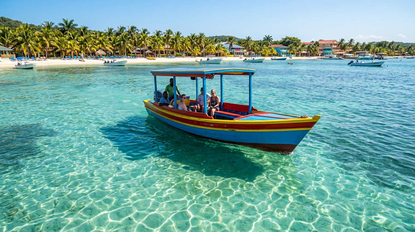 A colorful wooden boat with a canopy carries people across clear, turquoise tropical water near a palm-lined beach.