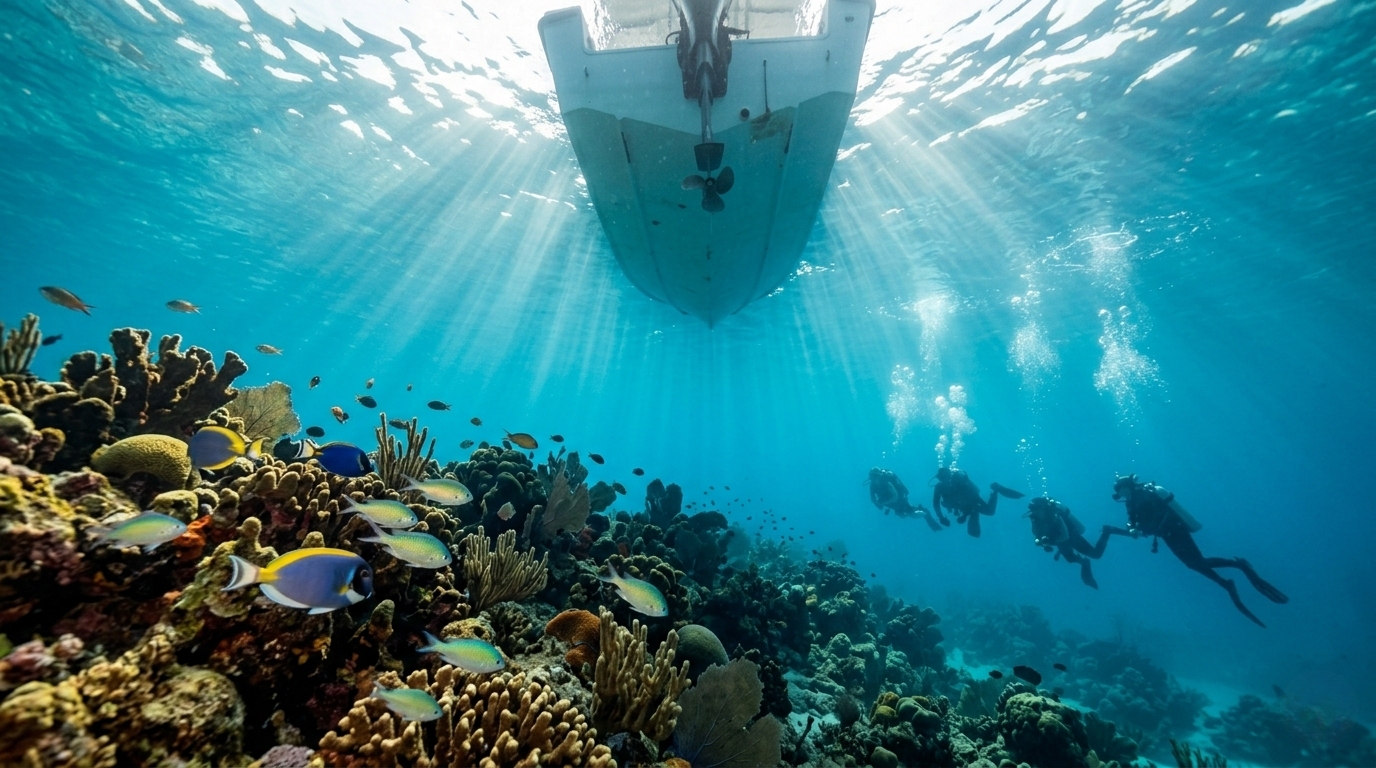 Underwater reef scene with scuba divers near a boat overhead, sunlight streaming through clear blue water