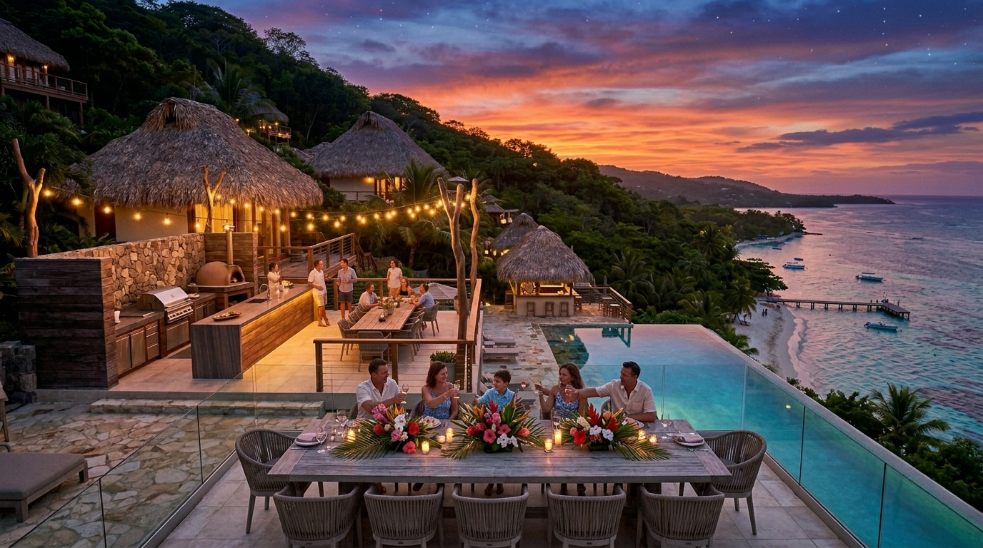 Sunset tropical resort terrace with lit dining tables and infinity pool overlooking the ocean