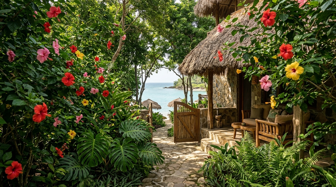 Tropical garden path between lush red flowers and a thatched hut, leading to a sunlit beach and ocean beyond