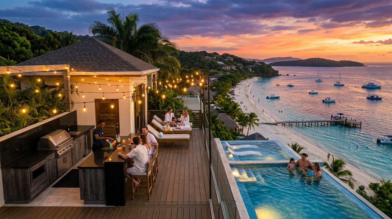 Sunset resort patio with hot tubs, ocean view, and guests dining by the pool