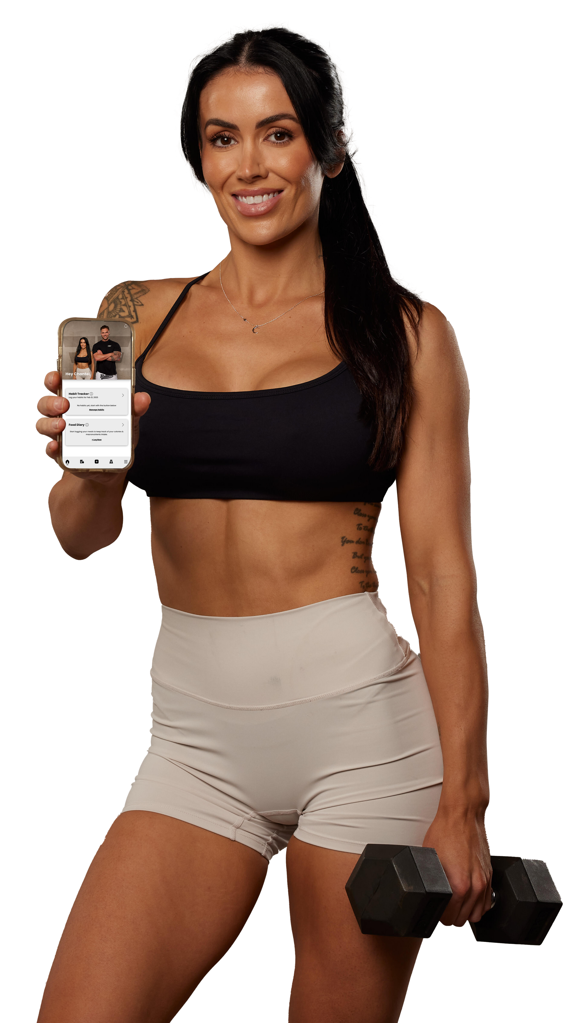 A woman is holding a dumbbell and a cell phone. Finding Form - workout and meal plans