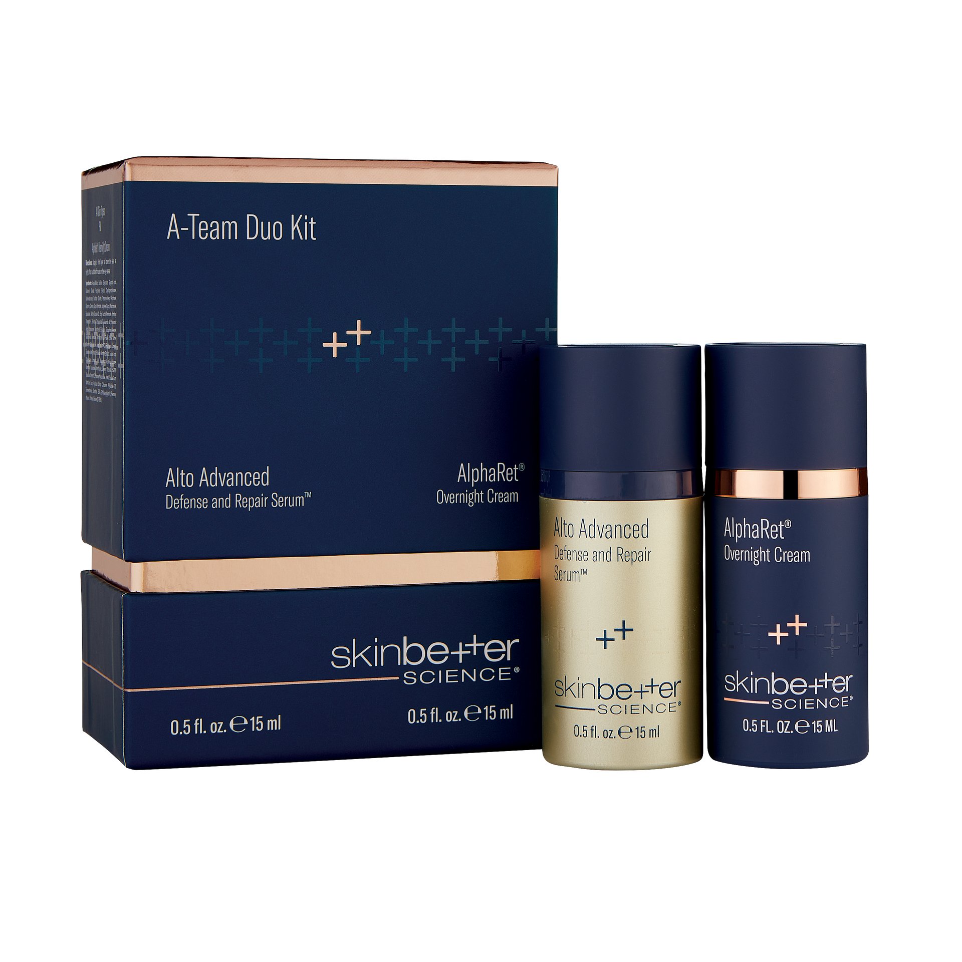 A skincare product set featuring a box and two bottles in gold and navy blue, labeled 