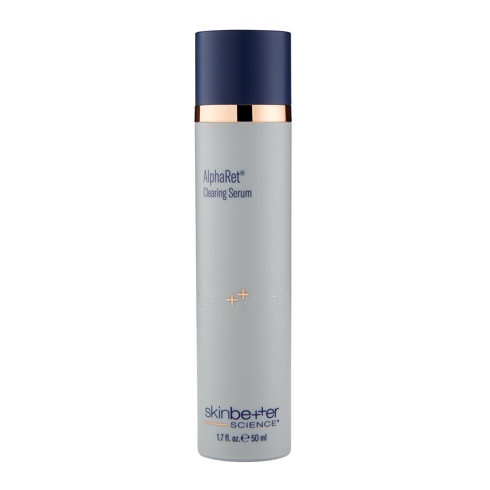 A gray Skinbetter science product bottle with a dark blue cap and gold accents.