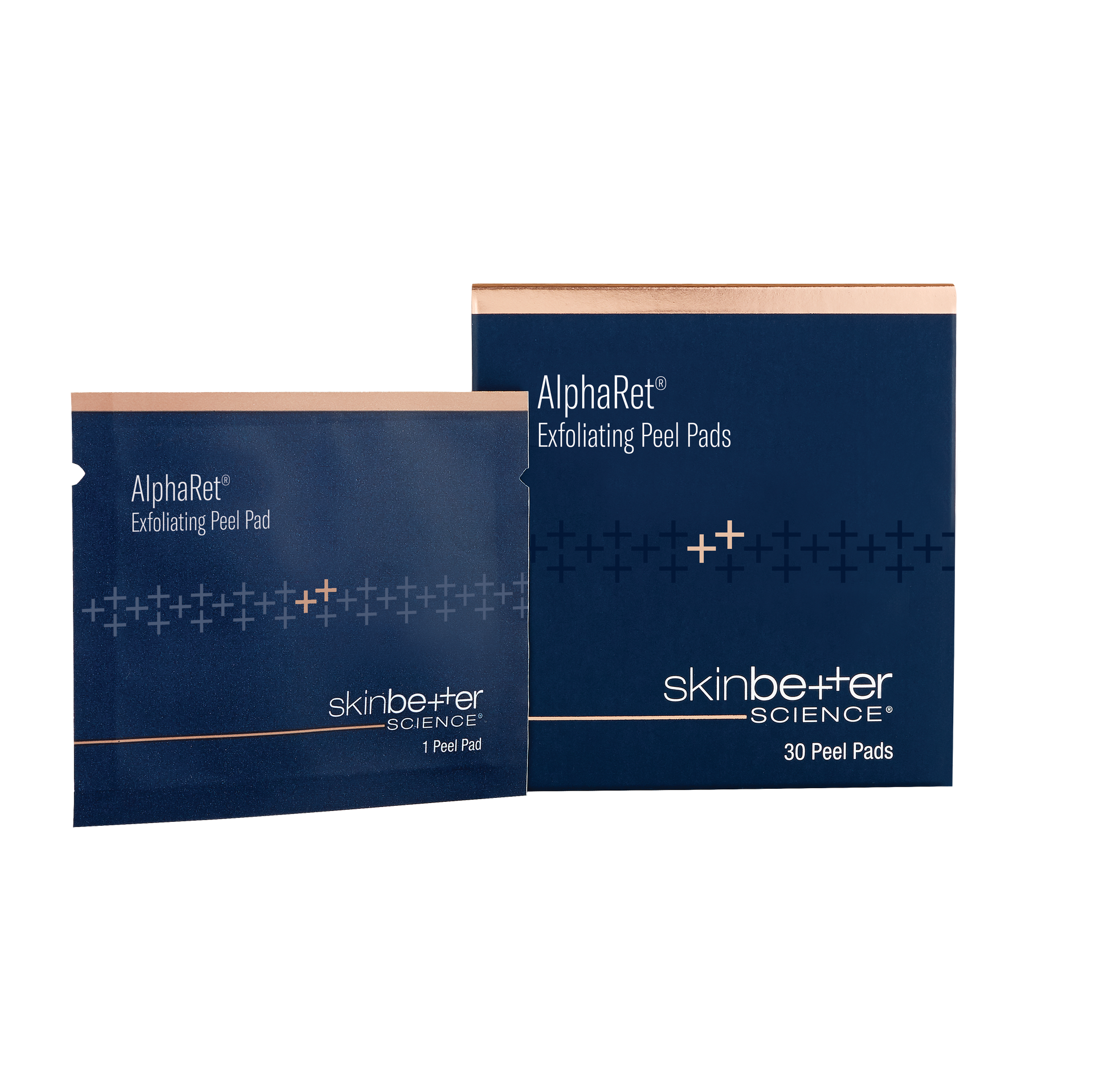 Two boxes of SkinBetter Science AlphaRet exfoliating peel pads, navy blue with gold trim.