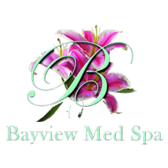 The logo for bayview med spa shows a letter b surrounded by pink flowers.