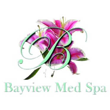 The logo for bayview med spa shows a letter b surrounded by pink flowers.