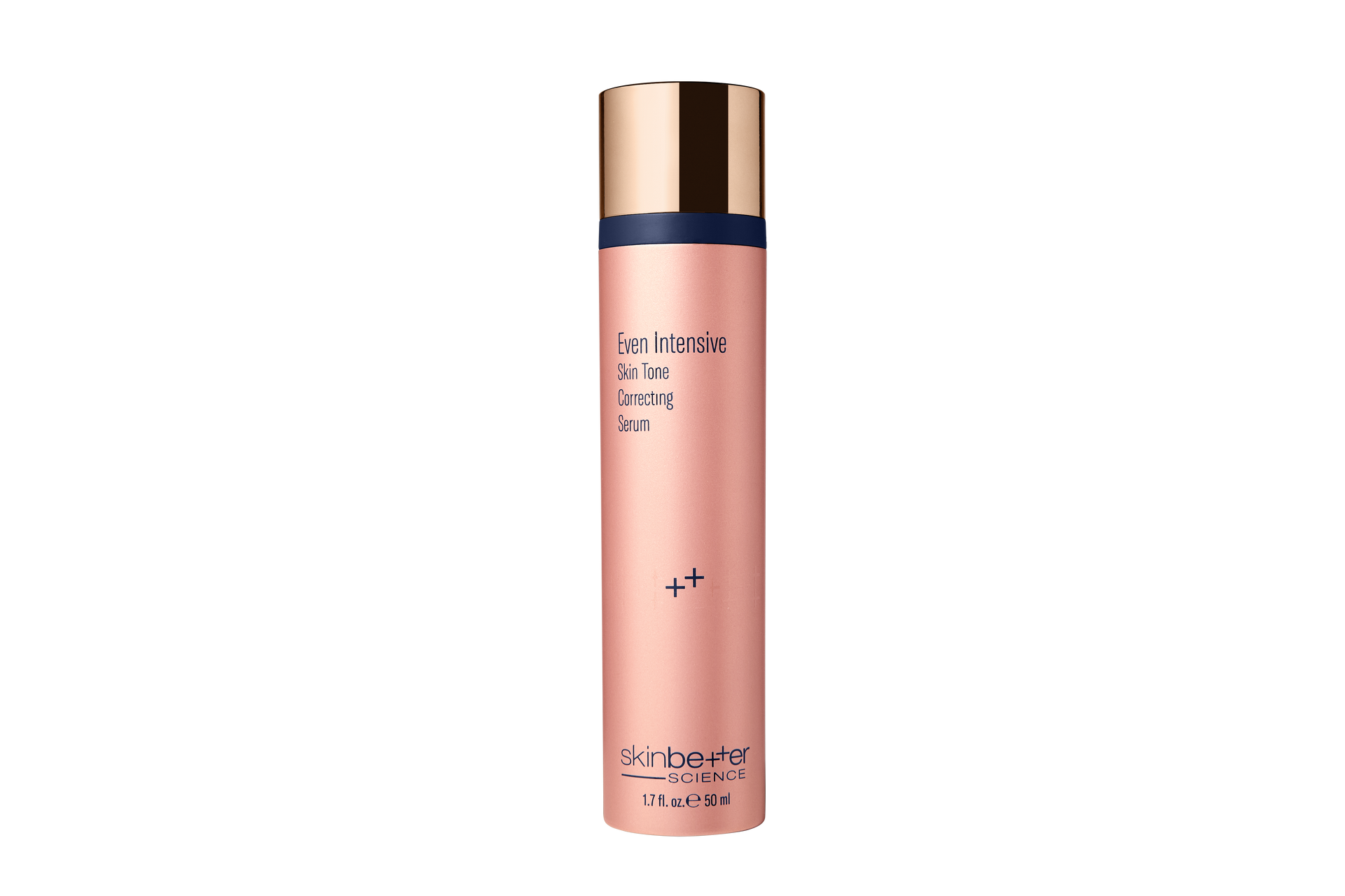 Pink hairspray bottle with gold cap, navy band, and white text on a white background.