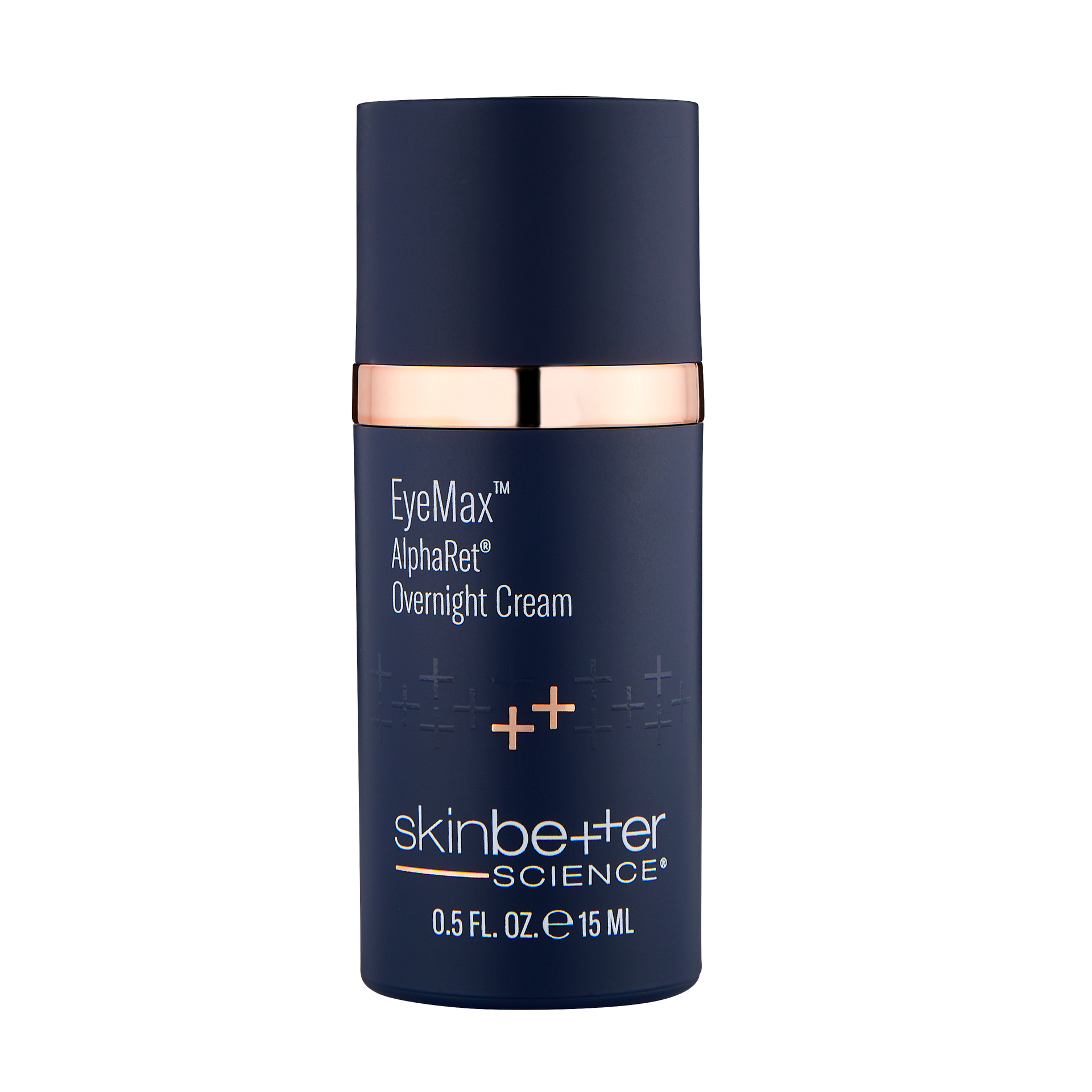 Dark blue skincare bottle with rose gold accents, labeled 