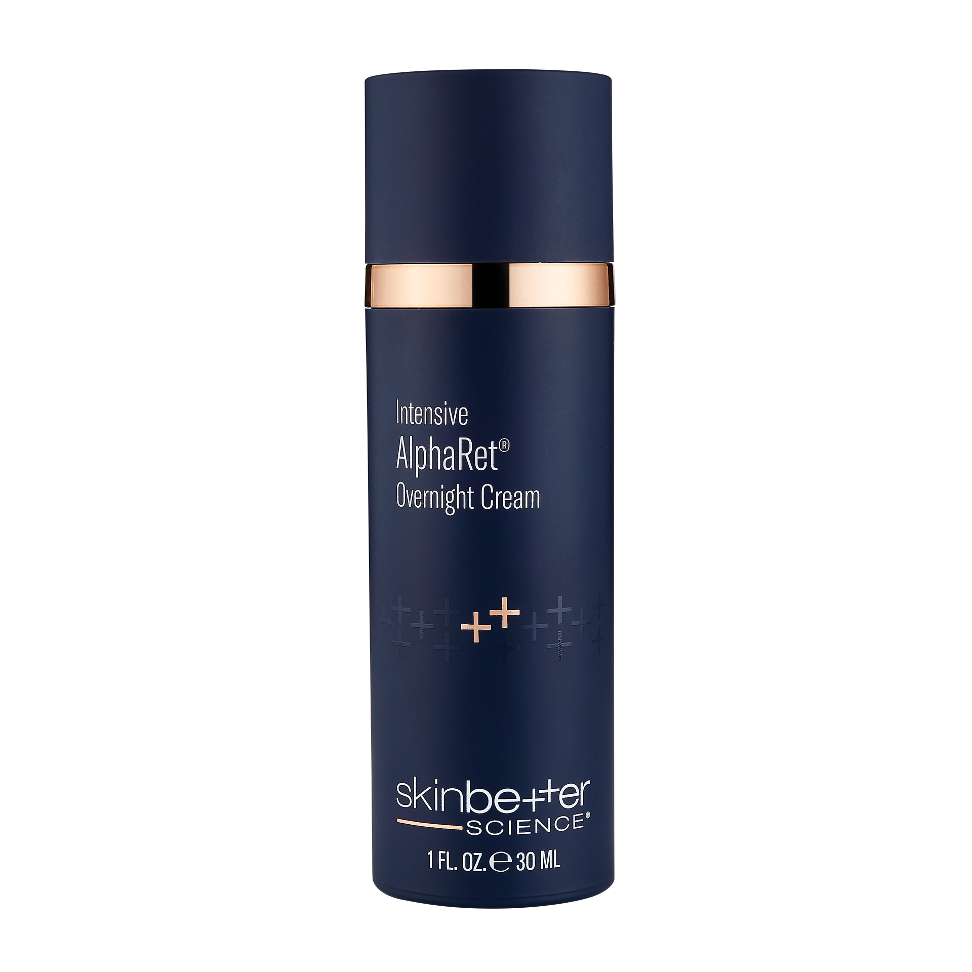 Dark blue Skinbetter Science AlphaRet Overnight Cream bottle with copper accents.