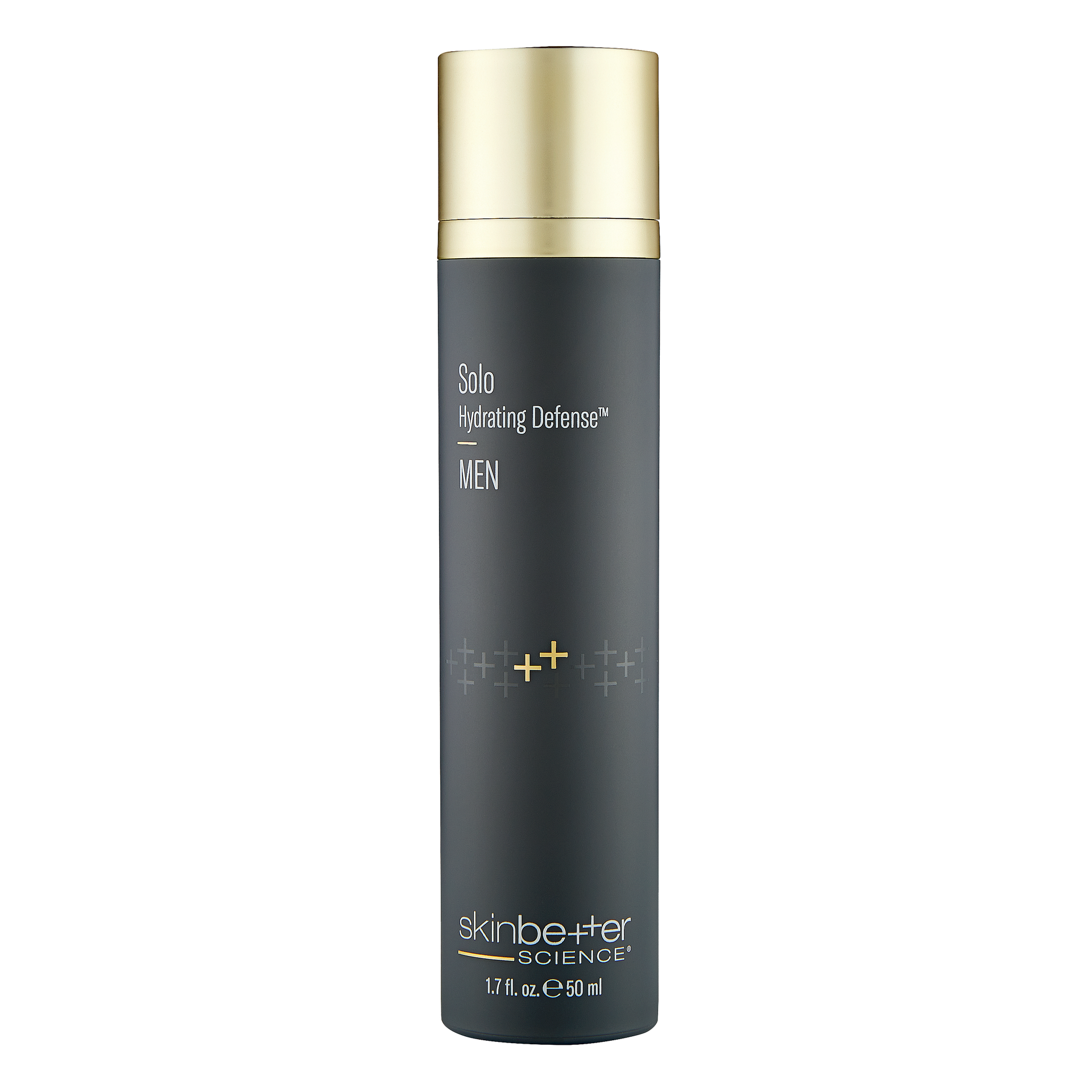 Skincare bottle: tall, dark gray with gold accents, labeled 